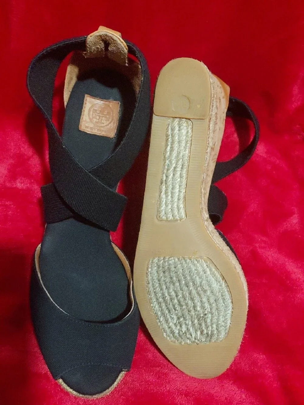 Tory Burch Black and Tan Espadrille Wedge Sandals